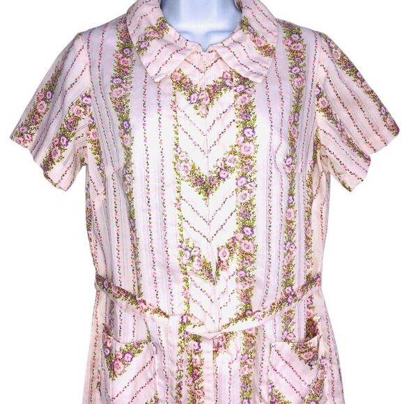 Vintage 60s Cedar Glen Dress House Coat Womens Size M Pink Floral Belted Zip - Picture 2 of 8